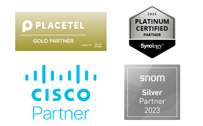 Placetel Gold Partner Logo, Cisco Partner Logo, Synology Platinum Partner Logo, Snom Silver Partner